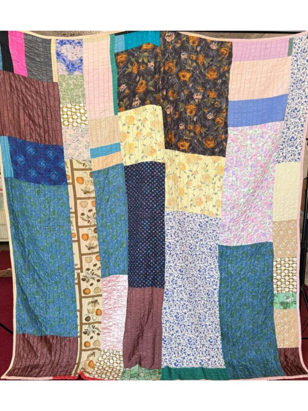 Vintage 1960s Strip Scrap 2-Sided Quilt Treadle Sewing Machine Quilted 80x72